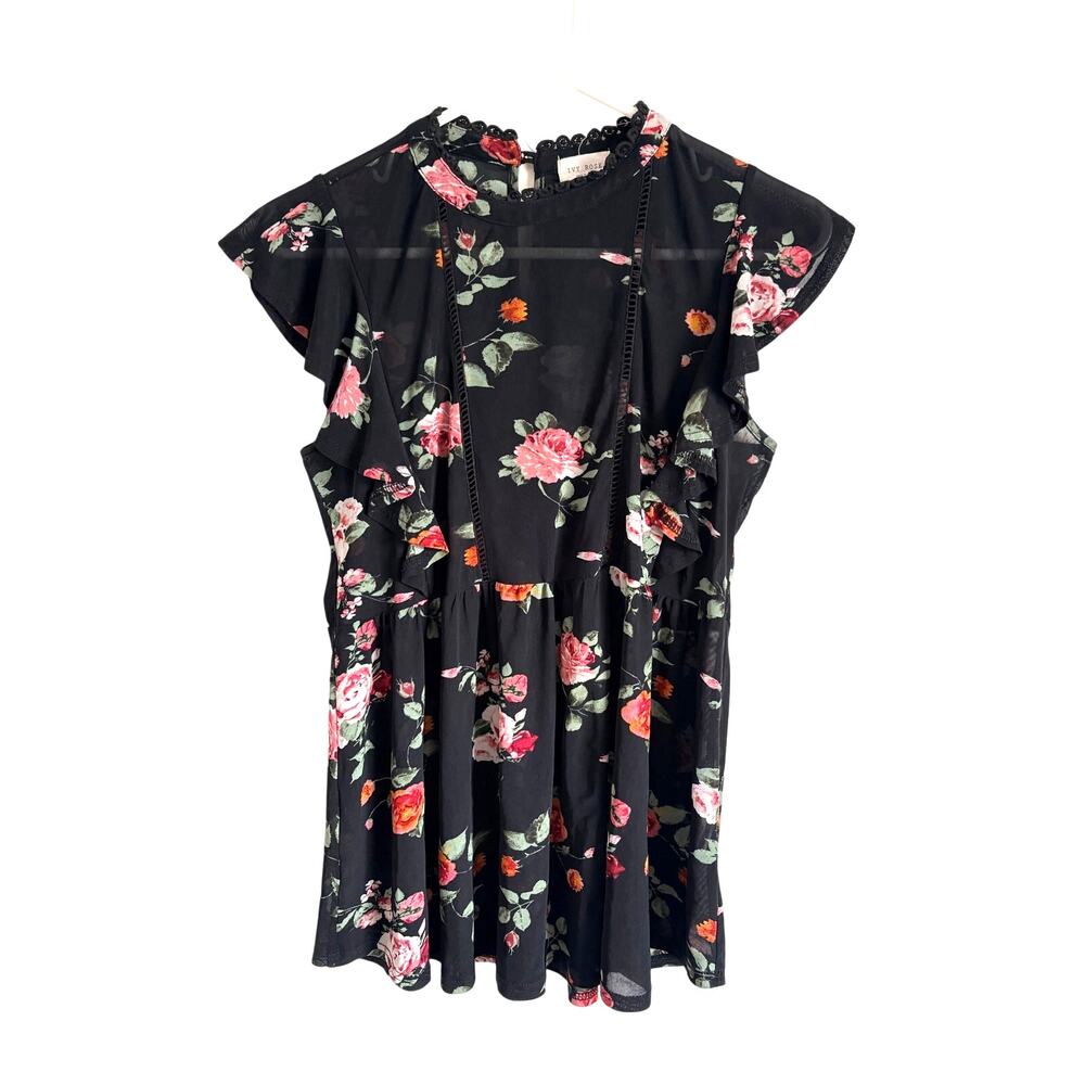 Ivy Rose Sheer Black Floral Peplum top Ruffled High Collar Large Dark Romantic